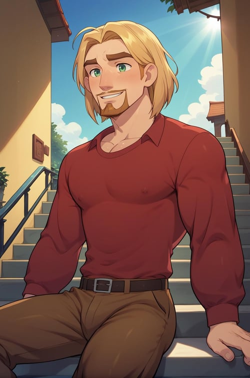 Source cartoon, rating explicit, focus male, yaoi, solo, BREAK, cowboy shot, portrait, manly, slender, slim, friends, BREAK, 1boy, manly, migueled, green eyes, facial hair, beard, blonde hair, red shirt, ,brown pants, sitting, stairs, outside, village, sky, sunrays<lora:EMS-317969-EMS:1.000000>, <lora:EMS-323986-EMS:0.800000>