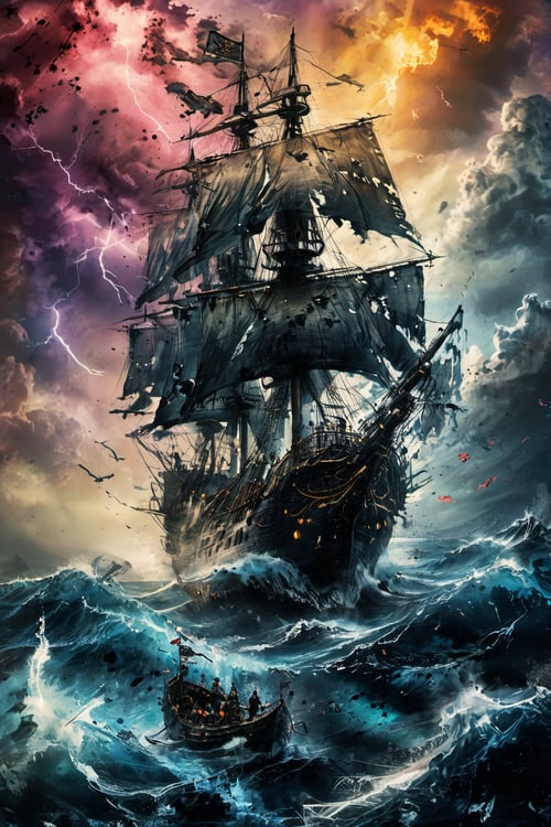 Realistic, hyper detailed, award winning masterpiece, full body portrait, ((ultra-high resolution 16k intense color portrait)), in the deep ocean, rough sea waves a large pirates ship with a black skull flag on top, ultra realistic, Hyper, vibrant light, storm, clouds, lightning, rough weather cinematic background, colorful paint splatter, colorful ink wash painting, colorful, colorful background, ,ink, ink smoke,