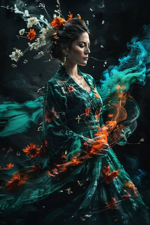 woman, flower dress, colorful, darl background,flower armor,green theme,exposure blend, medium shot, bokeh, (hdr:1.4), high contrast, (cinematic, teal and orange:0.85), (muted colors, dim colors, soothing tones:1.3), low saturation, ink, ink smoke,ink,smoke,ink smoke,ink smoke background