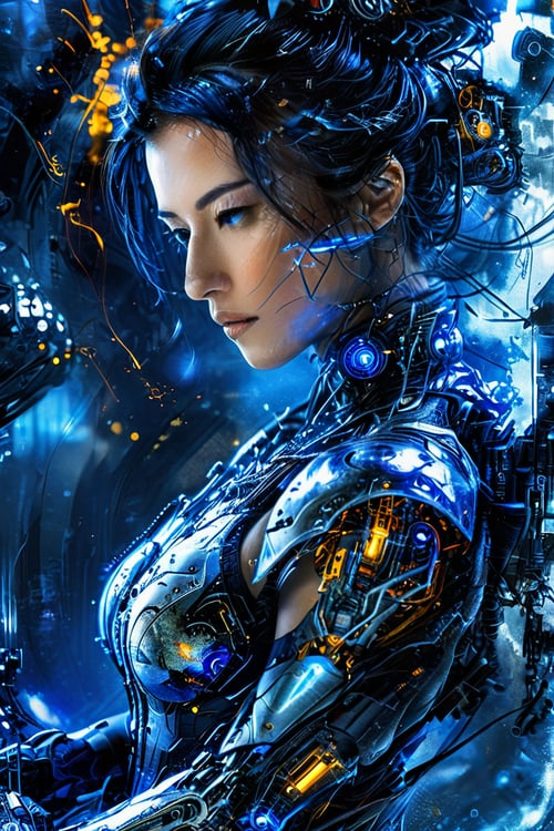 ((Generate hyper realistic image of captivating scene featuring a stunning sexy and seductive cyberpunk semi robotic girl, (high quality), masterpiece, (intricate details) blue fractal light efect, highly detailed, vibrant, production film, ultra high quality, photography style, (((Image in warm tones,))) Extremely Realistic,F41Arm0rXL, ink, ink smoke,