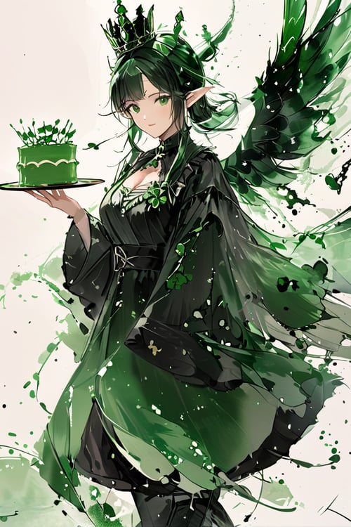 (Masterpiece, Best Quality:1.5), (Cowboy Shot:1.2) The noble wizard of Oz, dressed in clothes decorated with four-leaf clover and wearing a crown made of four-leaf clover, has beautiful green elf wings and a clover cake in her hand, ink, ink smoke,