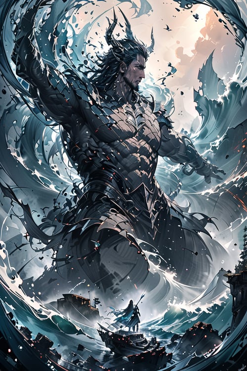 Poseidon, lord of the seas, glowing white eyes, wearing blue garments, trident in hand, commanding the waves of the seas, full body portrait dim volumetric lighting, 8k octane beautifully detailed render, post-processing, portrait, extremely hyper-detailed, intricate, epic composition, cinematic lighting, masterpiece, very very detailed, masterpiece, stunning Detailed matte painting, deep color, fantastical, intricate detail, splash screen, complementary colors, fantasy concept art, 8k resolution trending on Artstation Unreal Engine 5