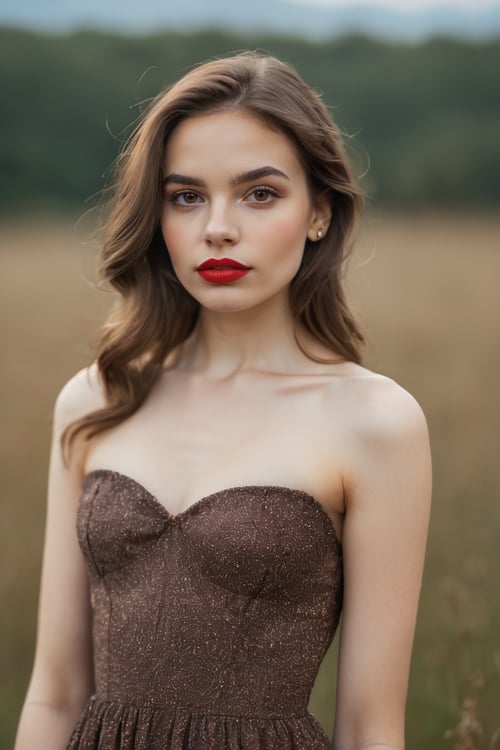 better photography, 1girl, solo, realistic, brown eyes, brown hair, dress, looking at viewer, lips, lipstick, simple background, parted lips, upper body, red lips, hyperrealistic,raw image, raw filter, depth of field,bokeh, Canon EF 100-400mm f/4.5,slim body,small breasts, long hair, ,makeup,portrait photography, <lora:better photography xl:0.8> 