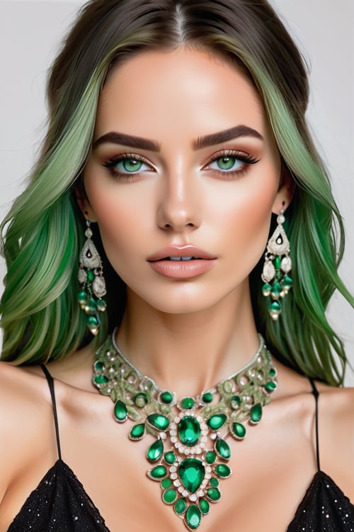 Generate hyper realistic image of a mesmerizing woman with green eyes that pierce through the image, establishing a deep connection with the viewer. Adorned in elegant jewelry, including a choker and necklace, she showcases a realistic portrayal of beauty. Her lips, slightly parted, add a touch of mystery, while her green hair enhances the enchanting atmosphere, making her an irresistible subject.,better photography