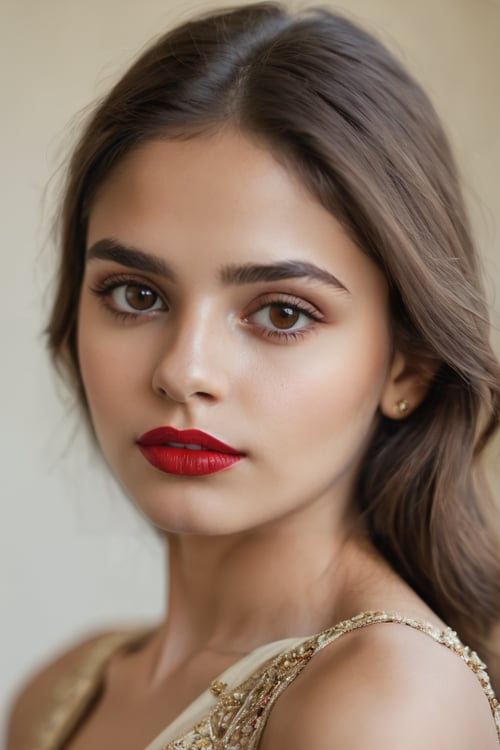 better photography, 1girl, solo, realistic, brown eyes, brown hair, dress, looking at viewer, lips, lipstick, simple background, parted lips, upper body, red lips, hyperrealistic,raw image, raw filter, depth of field,bokeh, Canon EF 100-400mm f/4.5,slim body,small breasts, long hair, ,makeup,portrait photography,Indian girl<lora:better photography xl:0.8> 