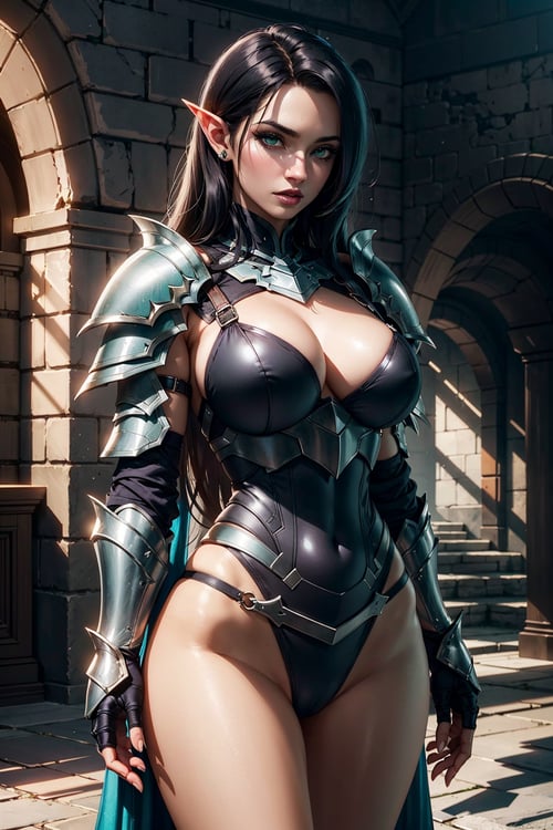 (masterpiece, best quality, volumetric lighting, detailed eyes), orc woman, dark knight, (black knight Armor), (fantasy armor, gauntlets), (dungeon background), (shadow magic effect, shadow spell cgi), (isekai fantasy aesthetic), (muscular:0.7), (long hair, arched bangs, sharp edged hair, black hair), pink lips, pale skin, green eyes, cowboy shot, (round breasts, perky breasts), hourglass waist, natural hip