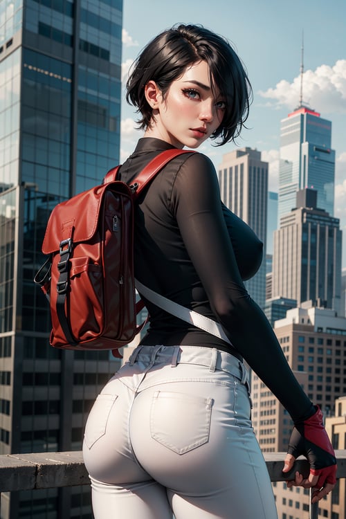 (masterpiece, best quality, volumetric lighting, detailed eyes), mature woman, asian woman, faith connors, symertical face, bangs over one eye, one Arm tattoo, short hair, sharp black hair, (black top:1.2), white pants, (sling backpack, runner bag), (red_fingerless_gloves), looking back, skinny, standing top of skyscraper, city top view