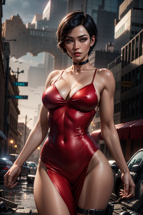 (masterpiece, best quality, high resolution),(extremely detailed, shiny skin, volumetric lighting, detailed eyes), mature woman, short hair, Ada wong, cowboy shot, asian women, red dress, spaghetti straps bodycon, long bodycon dress, choker, sleeveless, thigh slit, black choker, thigh_holster, looking at viewers, (apocalypse city background)