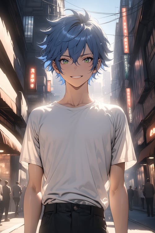 masterpiece, best quality, 8k, highly detailed, photorealistic, cinematic lighting, perfect face, 1boy, short spiky blue hair, green eyes, confident smile, slim build, white shirt, black pants, outdoors sunny city street background, extremely aesthetic anime
