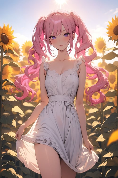 (masterpiece, best quality), 4k, perfect face, depth of field, vibrant, 1girl, long pink hair, twintails, large purple eyes, frilled white dress with blue ribbons, standing in sunflower field, sunny sky, highly detailed, extremely aesthetic, beautiful face, delicate features
