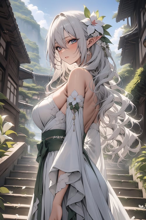 ((masterpiece, best quality, newest)), 1girl, solo, long hair, breasts, looking at viewer, blush, bangs, hair ornament, dress, hair between eyes, bare shoulders, jewelry, green eyes, standing, flower, white hair, earrings, outdoors, parted lips, detached sleeves, pointy ears, hair flower, from side, sash, petals, white flower, elf, stairs, scenary, blue sky
