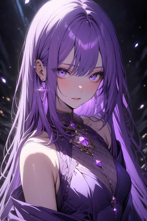((masterpiece, best quality)), newest, 1girl, solo, purple hair, straight hair, purple eyes, intricate eyes, purple dress, dark background, depth of field, lighting from above, exquisite, highly aesthetic, vibrant, 4k, close up