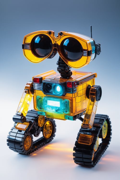 Glass made ultra Detailed translucent Wall-E, designer toy,cyberpunk style,cyberpunk