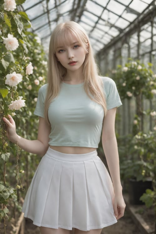 one russian girl, solo, super model, pale skin, light bonde hair, long hair, bangs, prefect face, make up, big tits, hanging breasts, nipples, narrow waist, navel, thighs, T-shirt, pleated skirt, mini skirt, shirtlift, (looking at viewer), an enchanting, overgrown greenhouse filled with tangled vines and blossoming flowers, backlighting, creates a halo effect around characters, giving them a radiant and romantic aura, looking at viewer, (from side), epiCPhoto