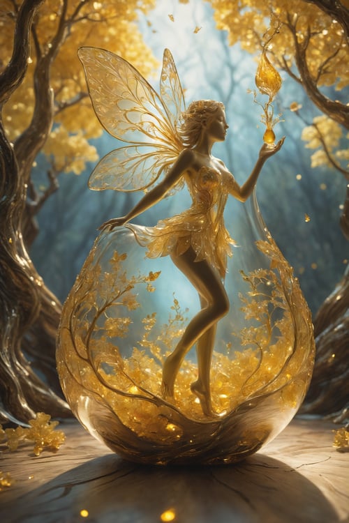 photograph, photorealistic, ultra-realistic, intricately detailed, wide angle, fine fractal glossy vivid colored shiny contours outlines of a glass pear with a ("a glowing golden flying female fairy uses her wand to transform a tree to solid gold.") inside, surreal, gradient, windy, petals floating on the wind, swirling ribbons of ink and light