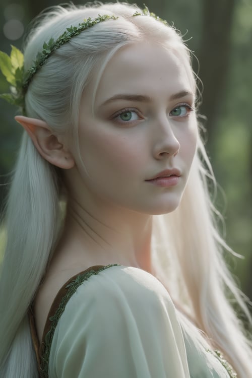 macro shot of a beautiful young woman as elven princess in dryad glade, zavy-cnmtc, atmospheric haze, dynamic lighting, cinematic still, pale skin, movie screencap, (freckles), contemplative, smirk, piercing green eyes, high ponytail, extremely long hair, sleek hair, white hair, portrait, dynamic pose, 100mm f/2.8 macro lens, sleek hair,