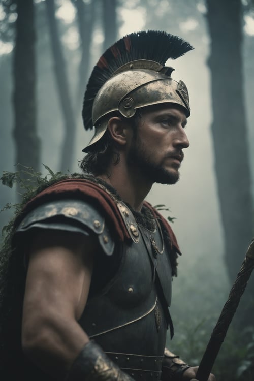 Side View of a Roman Warrior pierced By a spear, Overgrown, mystic, ethereal, darkness, 
atmospheric haze, Film grain, cinematic film still, shallow depth of field, highly detailed, high budget, cinemascope, moody, epic, OverallDetail, 2000s vintage RAW photo, photorealistic, candid camera, color graded cinematic, eye catchlights, atmospheric lighting, imperfections, natural, shallow dof