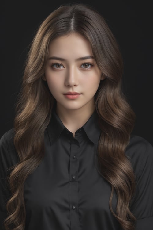 masterpiece, best quality, ultra-detailed, ultra high res, (photorealistic:1.4), raw photo, (realistic:0.2), 8k HDR, realistic lighting, 1girl, solo, looking at viewer, long wavy hair, (detailed oily skin), black eyes, (detailed face), (simple black background:1.1), (upper body:1.2), collared black shirt