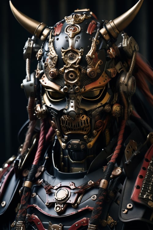mechanical samurai, japanese armor, mask, portrait, cyborg, 
masterpiece, best quality, aesthetic, realistic, raw photo, 