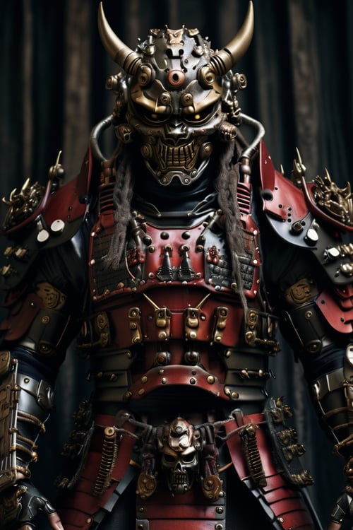 mechanical samurai, japanese armor, oni mask, cowboy shot, cyborg, 
masterpiece, best quality, aesthetic, realistic, raw photo, 