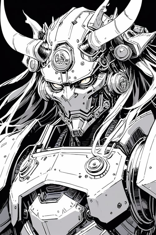 samurai robot, machine, portrait, horns, 
black background, masterpiece, best quality, illustration, rough sketch, 