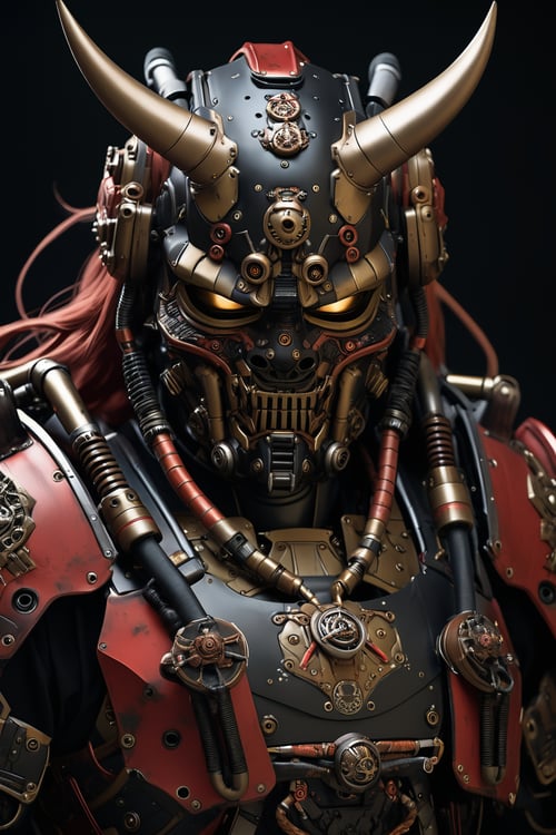 samurai, japanese armor, portrait, robot, machinery, cable, pipe, science fiction, mecha, oni face mask, horns, black background, masterpiece, best quality, aesthetic, realistic, raw photo, 