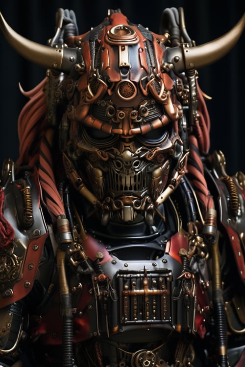 samurai, japanese armor, portrait, robot, machinery, cable, pipe, science fiction, mecha, oni face mask, horns, black background, masterpiece, best quality, aesthetic, realistic, raw photo, 