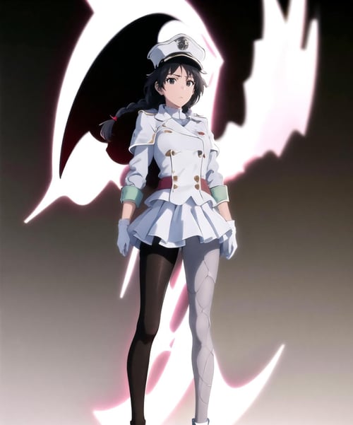 quincy,ANMRxSummer,breastplate,crimson rose (symbol),1girl,black hair,medium breasts,black eyes,short hair,solo,braid,shoulder armor,frills,armor,looking at viewer,pantyhose,skirt,gloves,hat,jacket,white gloves,military hat,full body,<lora:quincy_style-10:0.8>,<lora:ANMRxSummer:1>,