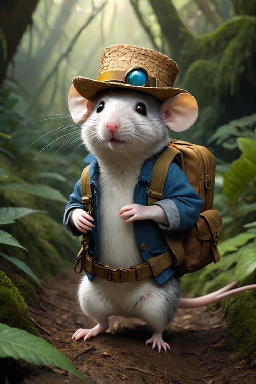 adventurous cute funny rat, donned a tiny explorer's hat and carried a mini backpack, walk in wild colorfully jungle, detailed fur, oversaturated, by Jean-Baptiste Monge, Gilles Beloeil, Tyler Edlin, Marek Okon, Pixar, 8k, album art, comic style, golden ratio, perfect composition, a masterpiece, trending on artstation, extreme close up, shoot from below . High dynamic range, vivid, rich details, clear shadows and highlights, realistic, intense, enhanced contrast, highly detailed,
