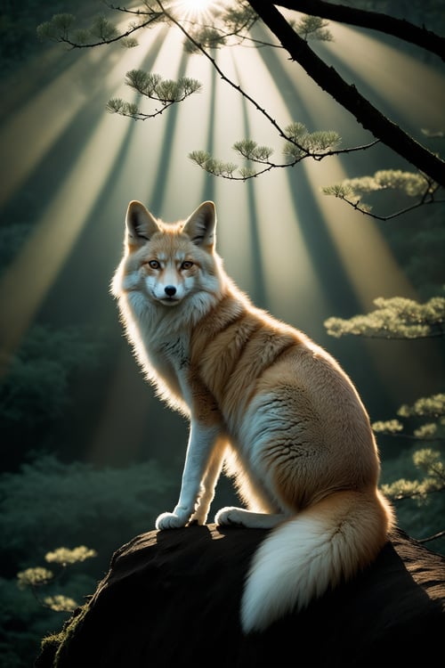 (Wildlife Photography by Camille Silvy and Hiroshi Sugimoto:1.2), award winning, kitsune,
(aesthetic of minimalism with unspoiled atmosphere:0.5), crepuscular rays, total clarity,
cutting-edge superb work of art with exemplary details,
(iridescent and sagegreen colors:0.1), 