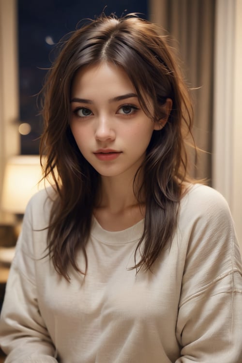 25 yo girl, brunette, close-up, girl next door, baggy clothes, night, interior, messy hair