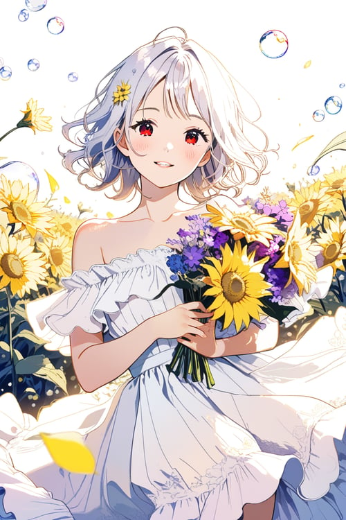 1girl, solo, looking at viewer, smile,blush, bangs, red eyes, dress, holding, bare shoulders, collarbone, flower, white hair, frills, parted lips, medium hair, off shoulder, white dress, frilled dress, bubble, bouquet, yellow flower, purple flower, off-shoulder dress, flower, holding flower, holding bouquet