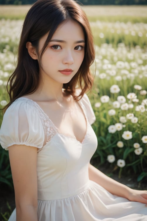 somber film ,WarmLight,1girl, white dress,flower field,