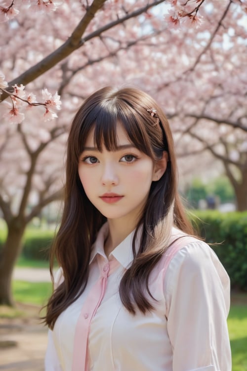 one pretty girl, solo, supermodel, pale skin, long wavy hair, blunt bangs, make up, parted lips, big tits, school uniform, white shirt, pleated skirt, looking at viewer, a blooming cherry blossom grove, with delicate pink petals floating in the breeze, soft lighting, film grain, upper body