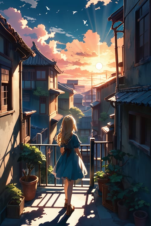 (Aestheticism, Chromecore:1.2),
scenery, background, masterpiece, best quality, aesthetic,
1girl, solo, loli,petite,
sunlight, light rays, day, shadow, dappled sunlight,
(apartment:1.2), bag, bird, blue sky, brown footwear, building, cloud, cloudy sky, dress, from behind, long hair, outdoors, sky, standing, sunbeam, sunset