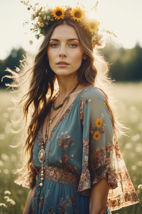 highly detailed and hyper realistic dynamic 35mm photo, photo of  a bohemian beauty adorned in flowing floral patterns and delicate accessories in a sunlit meadow, shot on polaroid film, cinematic still frame, film grain, shallow depth of field, faded colors, motion blur, high contrast, highly detailed and hyper realistic