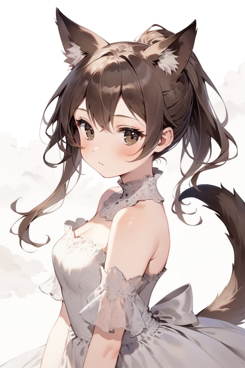 masterpiece, best quality, aesthetic, Cleancore, American Scene Painting ,1girl, sexy, hot, , animal ear fluff, animal ears, bare shoulders, blush, brown eyes, brown hair, closed mouth, cropped torso, detached sleeves, dress, hair between eyes, looking at viewer, ponytail, simple background, sleeveless, sleeveless dress, solo, tail, upper body, white background, white dress