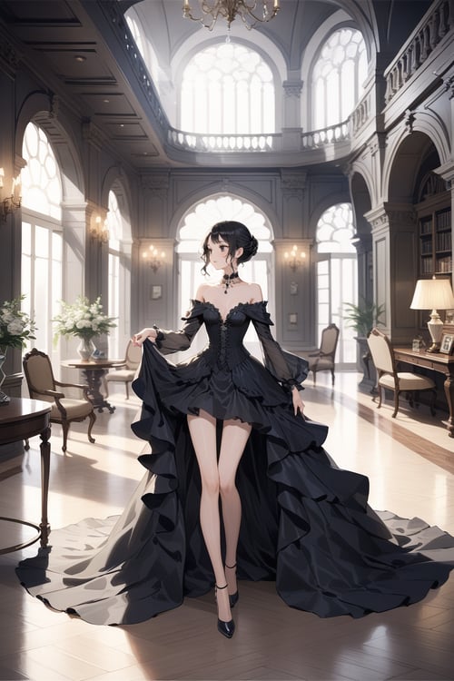 masterpiece, best quality,aesthetic, 
beautiful woman, indoors, Aristocratic residences, luxurious rooms, gothic dress, off shoulder,