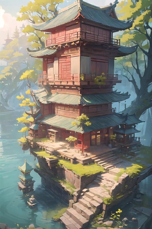 <lora:wrenchmicroarch-000004:0.8>, wrenchmicroarch, chinese style architecture, water, traditional chinese, forest, tree, flower, bridge, 