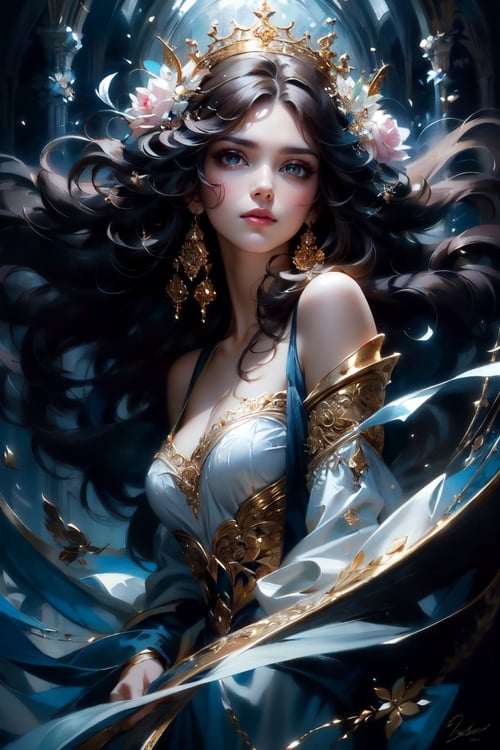 (Waist Shot, A mesmerizing piece of art captures the essence of Nachtmusik, an enchanting woman. The image, a painting on a grand canvas, depicts her with flowing dark hair cascading down her shoulders, framing a face adorned with striking features. Her eyes, pools of mystery, seem to hold untold secrets, while her ethereal smile evokes fascination. The artist skillfully portrays her graceful posture and elegant attire, a reflection of her allure and charm. Every brushstroke conveys a sense of dreamlike enchantment, imbuing the image with a captivating aura. This exceptional artwork skillfully captures the essence of Nachtmusik's captivating allure, leaving viewers enchanted by her beauty and the intricate details of the painting), Detailed Textures, high quality, high resolution, high Accuracy, realism, color correction, Proper lighting settings, harmonious composition, Behance works