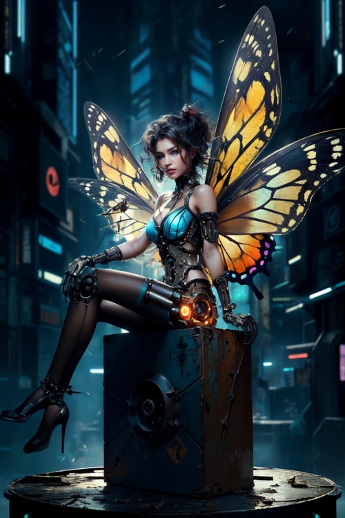 (biomechanical fairy with aurora butterfly wings sitting on a mechanical box, cyberpunk, futuristic landscape, rusted antique look, steampunk background, filigree, prismatic effect, fantastic gel lighting, requiem epi), Detailed Textures, high quality, high resolution, high Accuracy, realism, color correction, Proper lighting settings, harmonious composition, Behance works,noir 