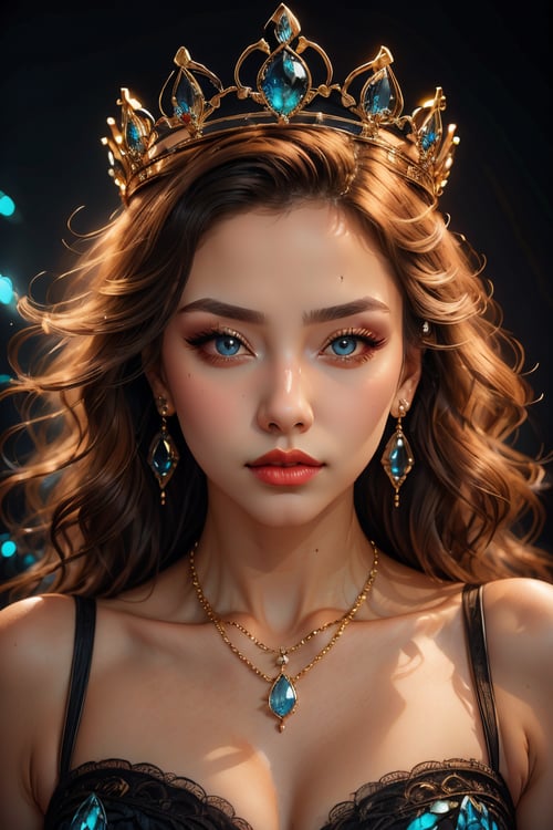 (best quality, 4k, 8k, highres, masterpiece:1.2), ultra-detailed, (realistic, photorealistic, photo-realistic:1.37), 1girl,long hair,looking at viewer,blue eyes,blonde hair,simple background,jewelry,closed mouth,upper body,earrings,necklace,lips,eyelashes,makeup,crown,black background,gem,realistic,red lips,blue gemstone,red gemston