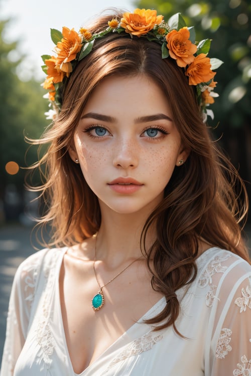 (best quality, 4k, 8k, highres, masterpiece:1.2), ultra-detailed, (realistic, photorealistic, photo-realistic:1.37), hyper realistic, 1girl,long hair,looking at viewer,blue eyes,hair ornament,long sleeves,dress,very long hair,flower,red hair,parted lips,necklace,white dress,orange hair,lips,blurry background,freckles,realistic,head wreath,orange flower