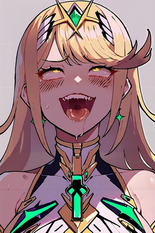 score_9,score_8_up,score_7_up,score_6_up <lora:nyantcha_style_xl_pd_goofy:1> nyantcha style, 1girl, blonde hair, blush, yellow eyes, long hair, bangs, ahegao, rolling eyes, open mouth, saliva,  simple background, bare shoulders, smile, teeth, sweat, solo focus, mythra\(xenoblade\), mind break