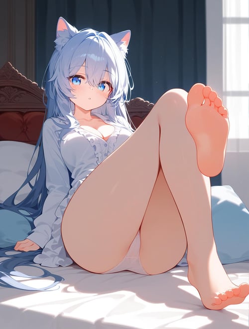 (score_9,score_8_up,score_7_up,score_6_up,score_5_up,score_4_up),1girl,soles,animal_ears,panties,barefoot,underwear,tail,feet,blue_eyes,solo,white_panties,shirt,toes,white_hair,long_hair,pillow,looking_at_viewer,lying,on_back,legs_up,white_shirt,sleeves_past_wrists,blush,ass,long_sleeves,animal_ear_fluff,breasts,bangs,on_bed,thighs,open_shirt,bare_legs,hair_between_eyes,foot_focus,legs,open_clothes,foreshortening,bed_sheet,frills,parted_lips,cleavage,curtains,no_pants,collarbone,