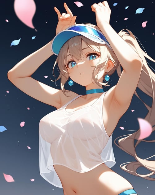 (score_9,score_8_up,score_7_up,score_6_up,score_5_up,score_4_up),1girl,confetti,long_hair,see-through,gradient,gradient_background,earrings,breasts,navel,choker,looking_at_viewer,armpits,jewelry,cowboy_shot,ponytail,petals,arms_up,visor_cap,solo,very_long_hair,