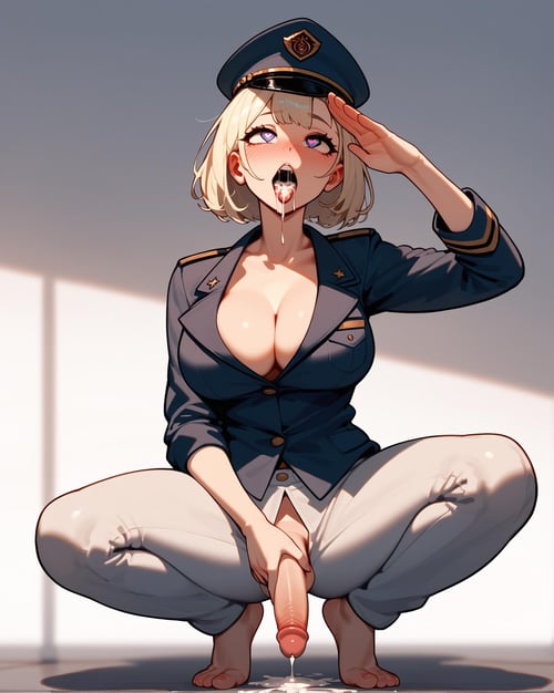 (score_9,score_8_up,score_7_up),1futa,Brainwashed,ahegao_face,mouth_open,tonge out,cum in mouth,heart eyes,spread legs,salute to viewer,Get down,(Bulging pants like penis under it but not showing out:1),Squatting,