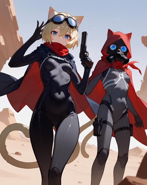 (score_9,score_8_up,score_7_up,score_6_up,score_5_up,score_4_up),animal ears,1girl,tail,gun,weapon,blue eyes,short hair,holding,breasts,blonde hair,cat ears,bodysuit,mask,holding gun,covered navel,cape,desert,cloak,hood,looking at viewer,holding weapon,sky,outdoors,goggles,gas mask,small breasts,1boy,cat tail,white hair,2boys,hair between eyes,scarf,hood down,skin tight,multiple boys,handgun,standing,