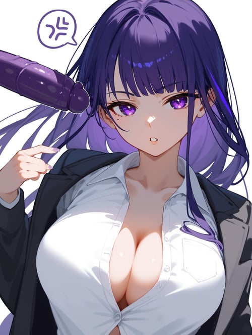 (score_9,score_8_up,score_7_up,score_6_up,score_5_up,score_4_up),1girl, raiden shogun, breasts, purple hair, purple eyes, anger vein, shirt, solo, cleavage, long hair, white background, large breasts, looking at viewer, white shirt, simple background, upper body, spoken anger vein, collared shirt, jacket, holding, bangs, long sleeves, dildo, arm up, parted lips, alternate costume, open clothes, sex toy, speech bubble, mole under eye, mole, black jacket, eggplant, partially unbuttoned, dress shirt, formal, open jacket, suit, very long hair, collarbone