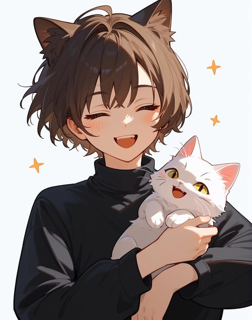 (score_9,score_8_up,score_7_up,score_6_up,s),1girl,closed eyes,smile,holding animal,open mouth,blush,holding,solo,cat,white background,brown hair,upper body,animal,bangs,short hair,teeth,hair intakes,facing viewer,long sleeves,holding cat,upper teeth only,:d,simple background,black shirt,shirt,^_^,happy,